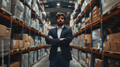 Businessman Standing With Arms Crossed in Warehouse