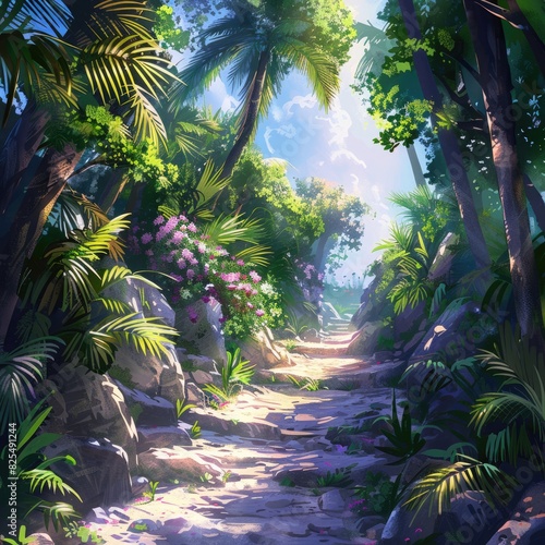 Paradise Illustration  Garden Landscape Art with Pathway to Heaven under Sunlight and Blue Sky
