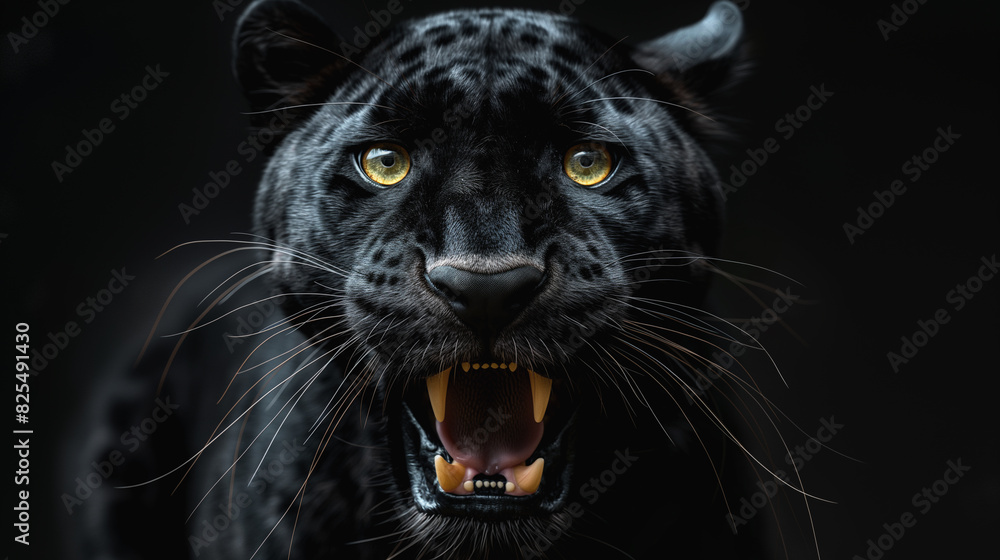 A black panther showing its intimidating teeth in a close-up shot.