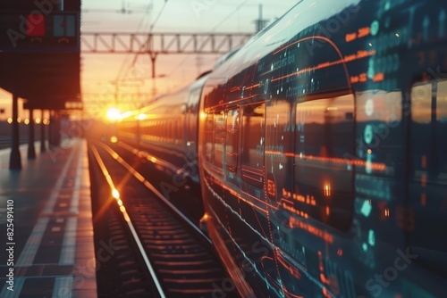 Close up of a highspeed train on the railway station at sunset