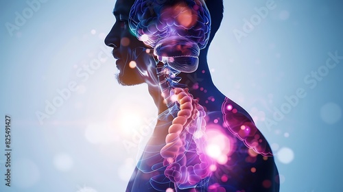 The image shows a man's upper body with a glowing brain and spine. photo