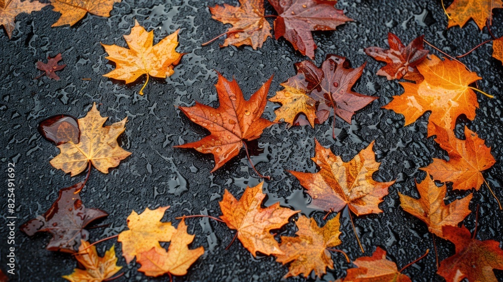 Wet Leaves. Fallen Maple Tree Leaves on Wet Asphalt in Rainy Autumn Scene Wet Leaves. Fallen Maple Tree Leaves on Wet Asphalt in Rainy Autumn Scene