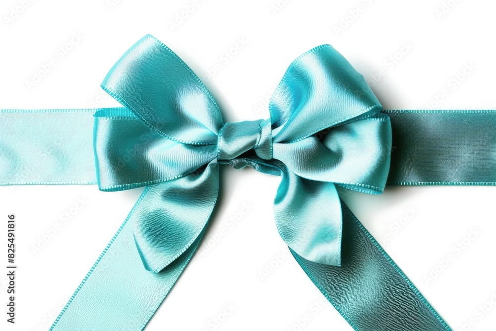 Birthday Bow. Turquoise Satin Ribbon with Bow on White Background. Festive and Beautiful Ribbon for Celebration Birthday Bow. Turquoise Satin Ribbon with Bow on White Background. Festive and Beautiful Ribbon for Celebration