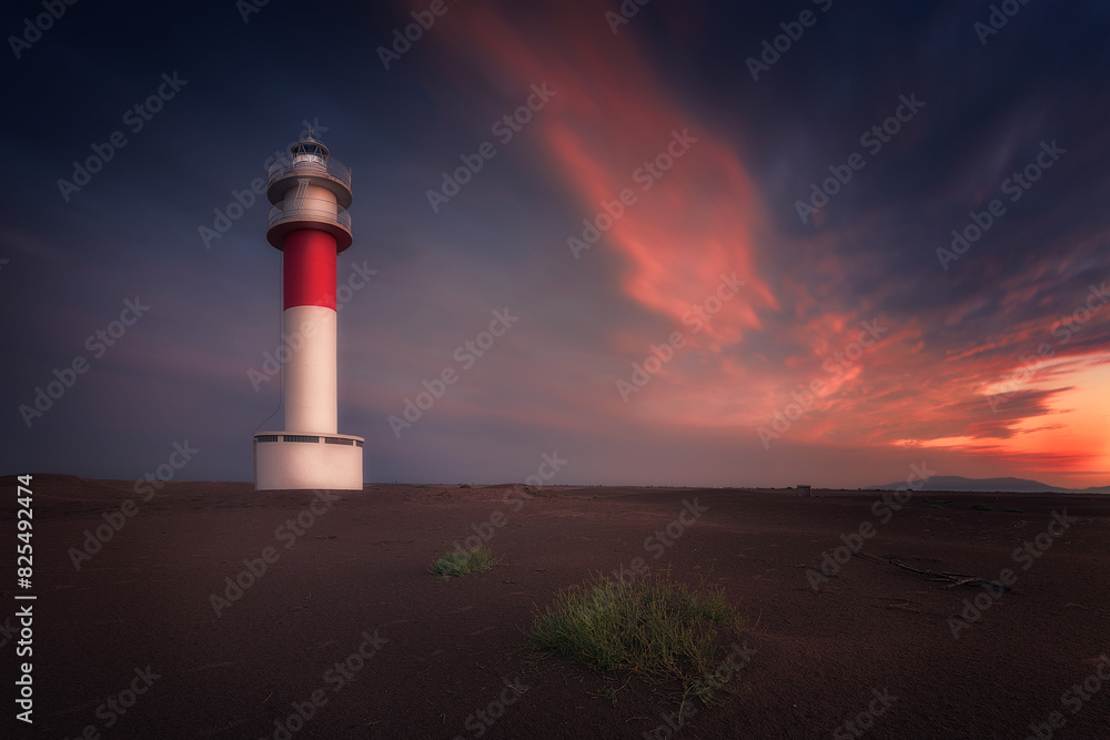 Fangar Lighthouse in the Ebro Delta, Tarragona, at sunset with colorful warm clouds in the sky Fangar Lighthouse in the Ebro Delta, Tarragona, at sunset with colorful warm clouds in the sky