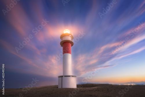Fangar Lighthouse in the Ebro Delta, Tarragona, at sunset with colorful warm clouds in the sky