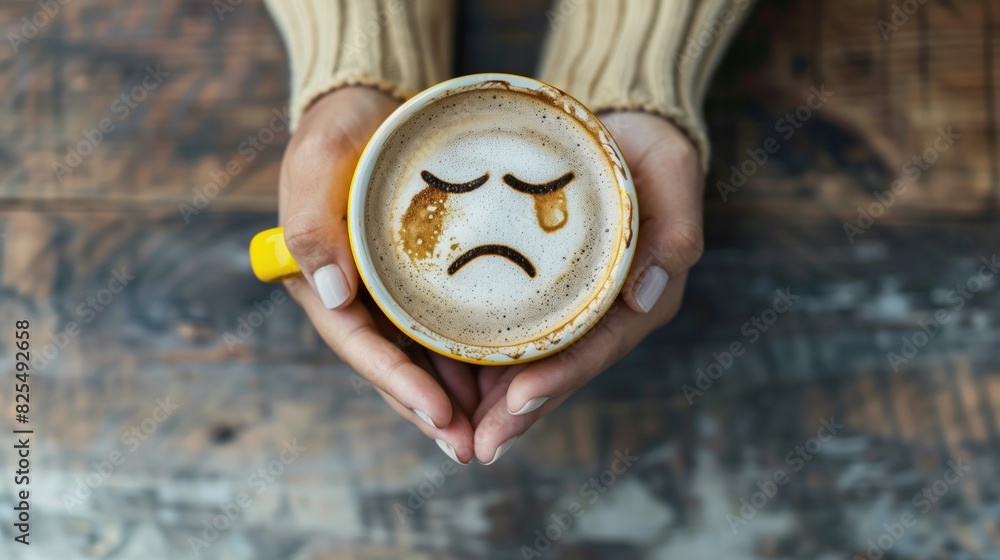 Closeup woman hands holding coffee cup with sad face drawn on coffee, top view angle on isolated plain background Closeup woman hands holding coffee cup with sad face drawn on coffee, top view angle on isolated plain background