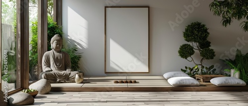 Frame mockup, displayed in a tranquil Zen garden room, merging inner peace with motivational thoughts photo