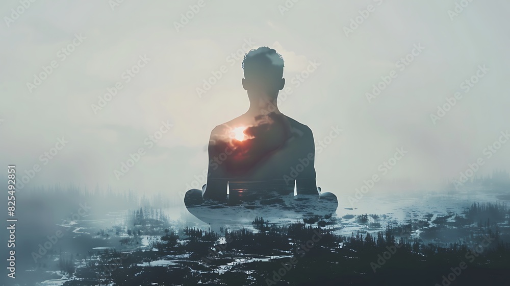 The photo shows a man meditating on a mountaintop The photo shows a man meditating on a mountaintop