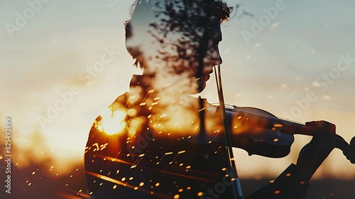 The photo shows a person playing the violin with the sun in the background photo
