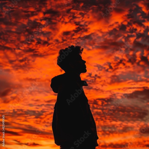 Striking silhouette of a millennial against a fiery sky.