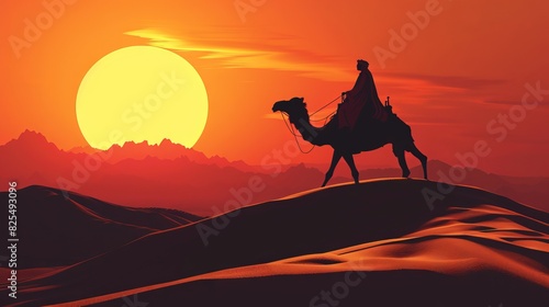 Striking silhouette of a nomad riding a camel across a desert dune