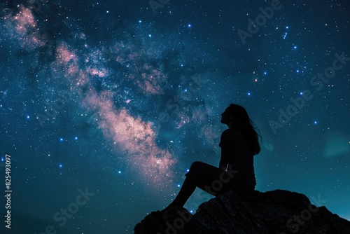 Night Sky Silhouette. Stars Universe with Happy Girl on Mountain