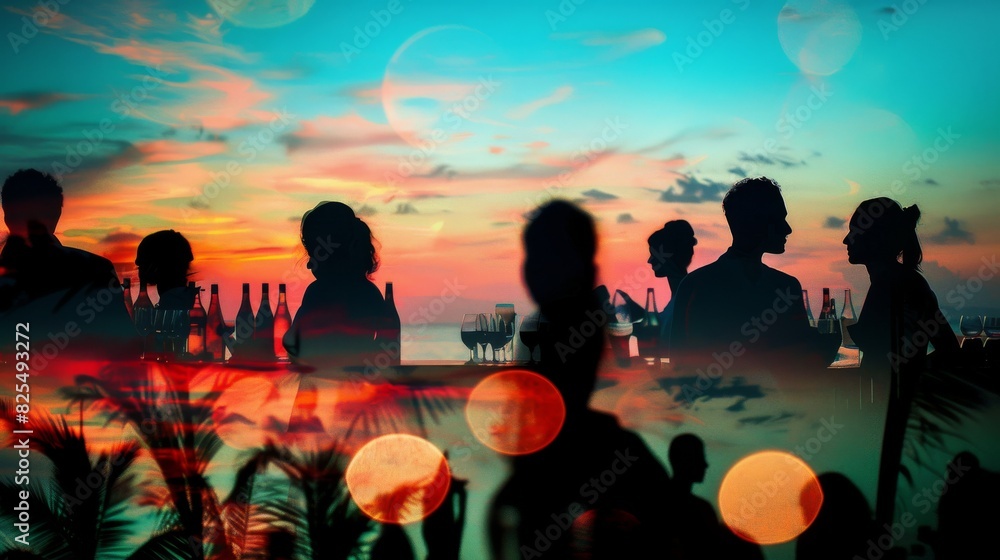 Stunning double exposure of silhouetted partygoers against a colorful sunset sky Stunning double exposure of silhouetted partygoers against a colorful sunset sky