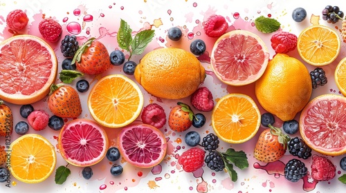 Vibrant flat lay photo of citrus fruits and berries  depicting freshness and natural goodness