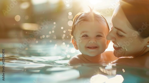 Dad mom and smiling baby in swimming pool.