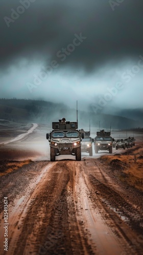 Military Vehicles Convoy Driving Along Dirt Road