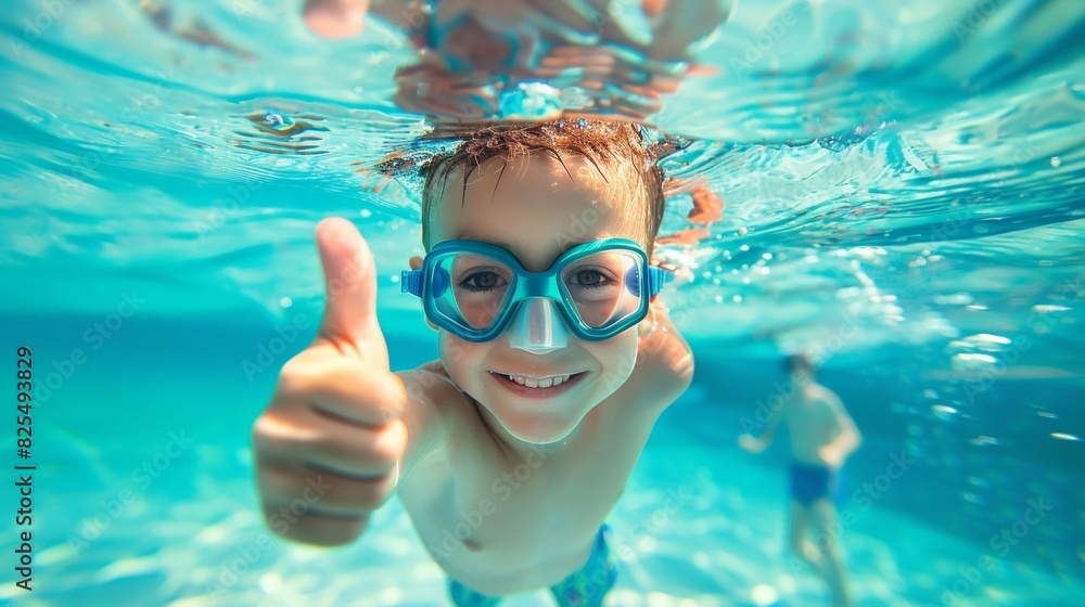 Fototapeta premium Underwater portrait of happy boy with thumbs up gesture in swimming pool.