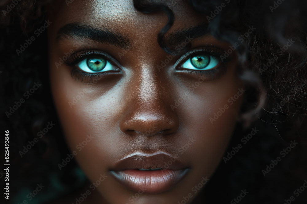 Detailed view of a womans face featuring striking blue eyes. Detailed view of a womans face featuring striking blue eyes.