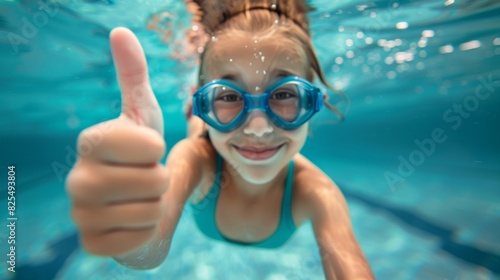 Underwater portrait of happy girl with thumbs up gesture in swimming pool.