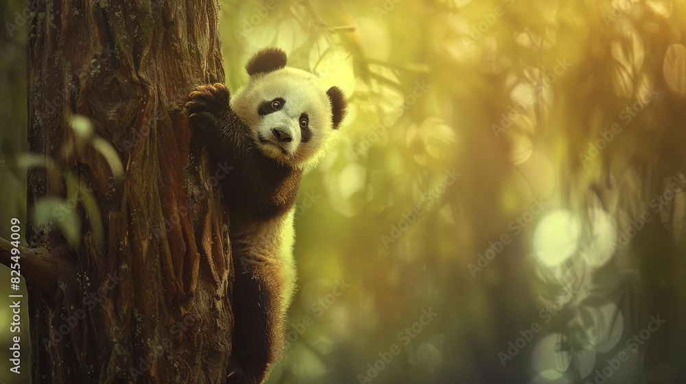 A panda bear on tree in wild forest. A panda bear on tree in wild forest.