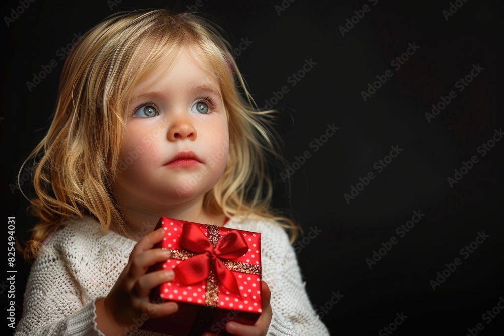 Elegant Red And White Background. Portrait of a Lovely Little Girl Holding Red Gift, Isolated on Black Studio Background Elegant Red And White Background. Portrait of a Lovely Little Girl Holding Red Gift, Isolated on Black Studio Background