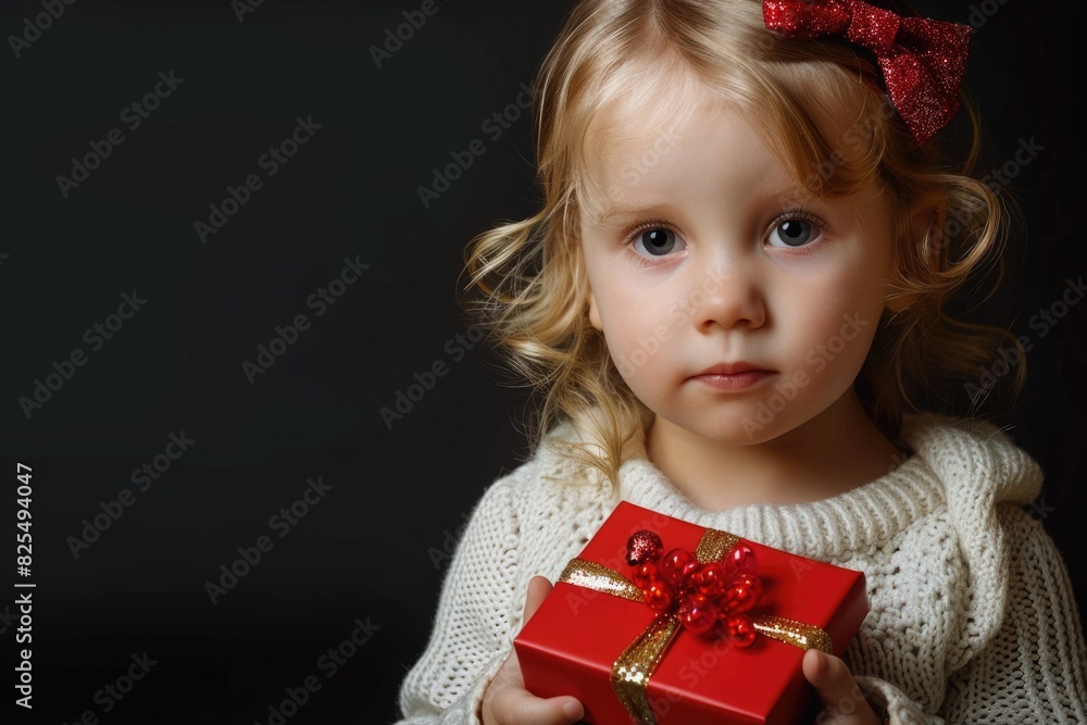 Elegant Red And White Background. Portrait of a Young Child Holding a Red Gift for Christmas Elegant Red And White Background. Portrait of a Young Child Holding a Red Gift for Christmas
