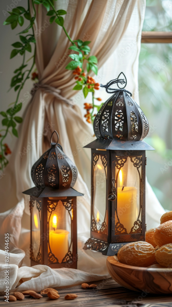 Decorative lanterns with burning candles create a cozy atmosphere on a wooden table, perfect for festive or romantic settings. Islamic New Year. Decorative lanterns with burning candles create a cozy atmosphere on a wooden table, perfect for festive or romantic settings. Islamic New Year.