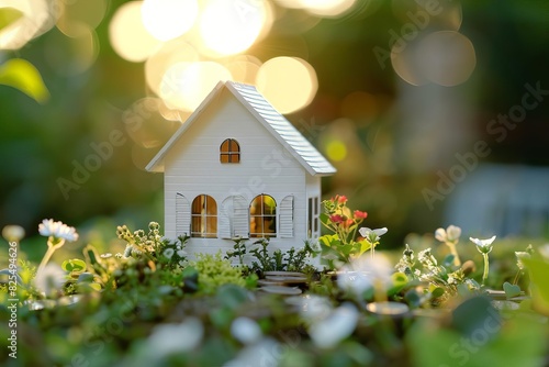 white model house on coins stack blurred outdoor garden saving money for home concept