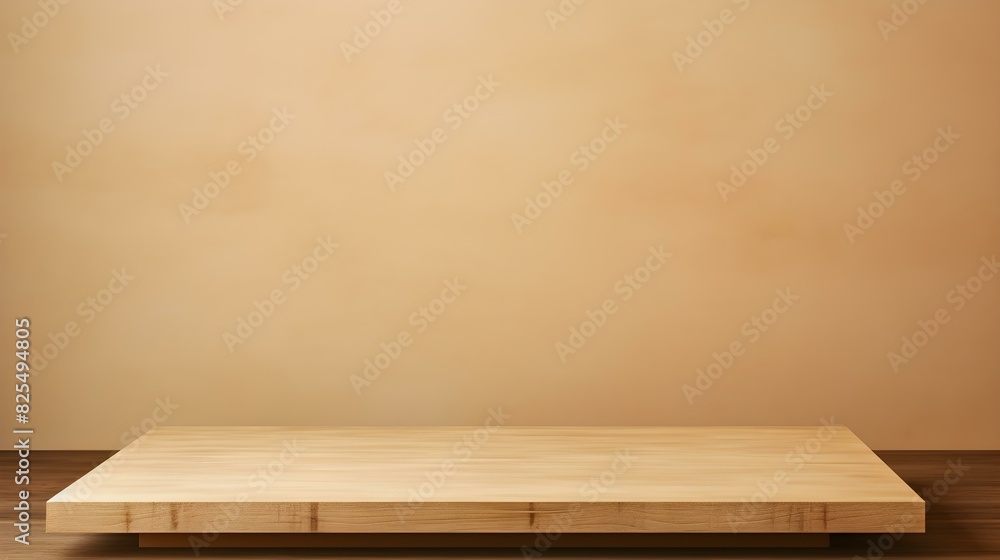 Close up of a square wooden Pedestal for Product Presentation. Empty beige Showroom Close up of a square wooden Pedestal for Product Presentation. Empty beige Showroom