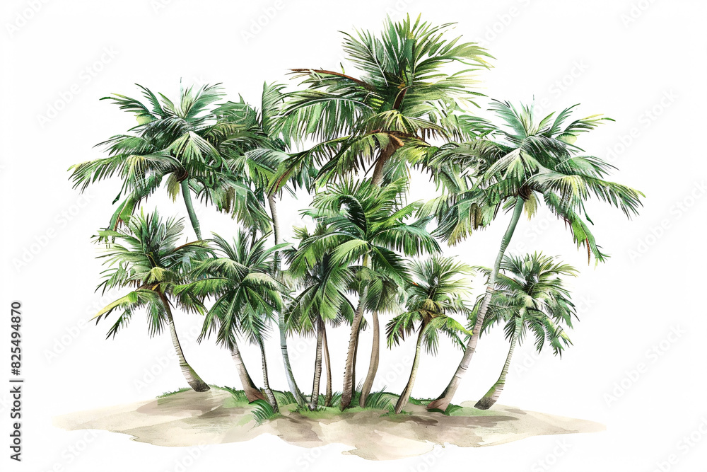 Fototapeta premium A cluster of lush green coconut palm trees with varying heights standing on sandy ground against a white background