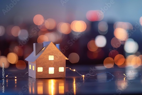 white paper house model on blurred night city background with twinkling lights real estate investment concept