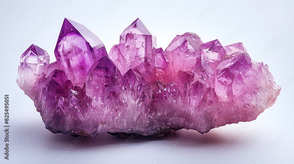 A cluster of purple amethyst crystals on a white background. The crystals are sharp and clear, with a deep purple hue. A cluster of purple amethyst crystals on a white background. The crystals are sharp and clear, with a deep purple hue.