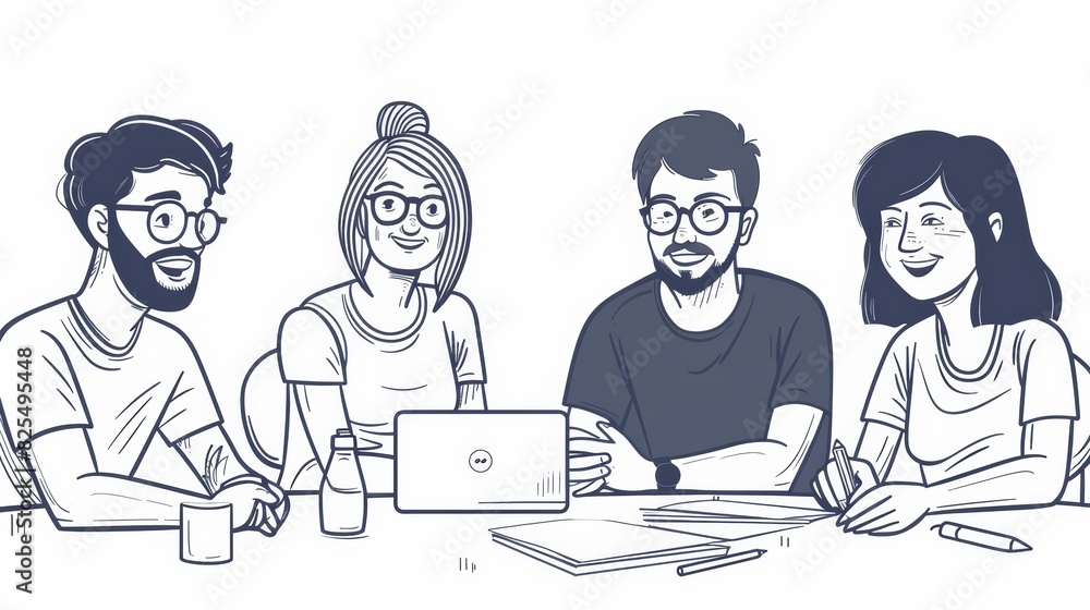 A group of people are sitting around a table with a laptop in front of them A group of people are sitting around a table with a laptop in front of them