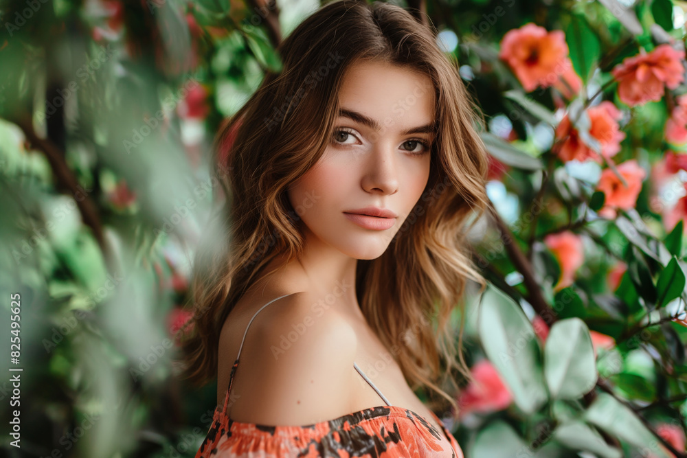 Stunning young woman in a floral sundress peers through lush greenery and vibrant flowers, her captivating gaze and soft, natural beauty blending seamlessly with the botanical backdrop Stunning young woman in a floral sundress peers through lush greenery and vibrant flowers, her captivating gaze and soft, natural beauty blending seamlessly with the botanical backdrop