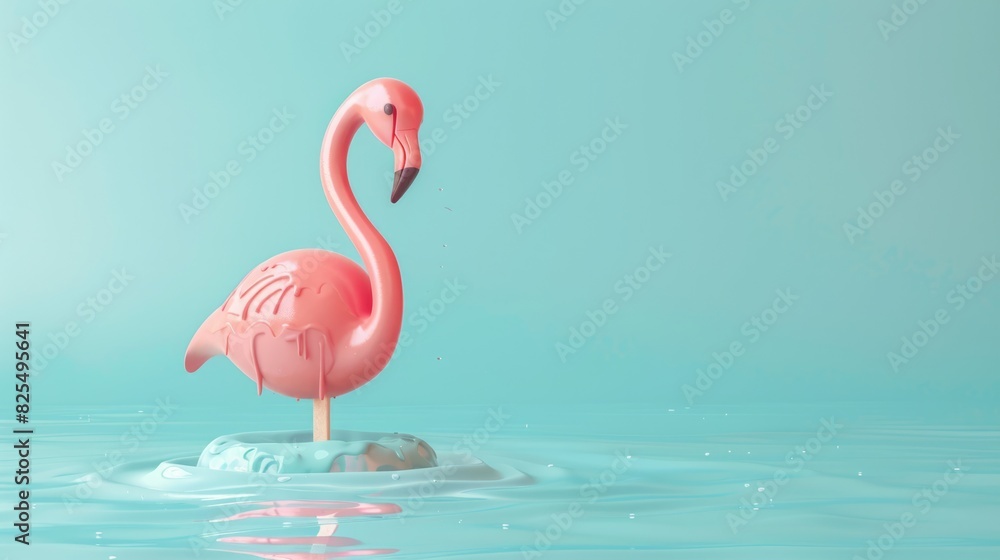 Fototapeta premium Summer Minimal. Creative Idea of Melting Pink Ice Cream and Flamingo Float on Pastel Blue Background