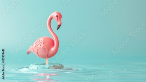 Summer Minimal. Creative Idea of Melting Pink Ice Cream and Flamingo Float on Pastel Blue Background