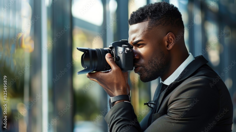 Business Person Relaxing. Young Black Man Holding Camera with Joyful Expression Business Person Relaxing. Young Black Man Holding Camera with Joyful Expression