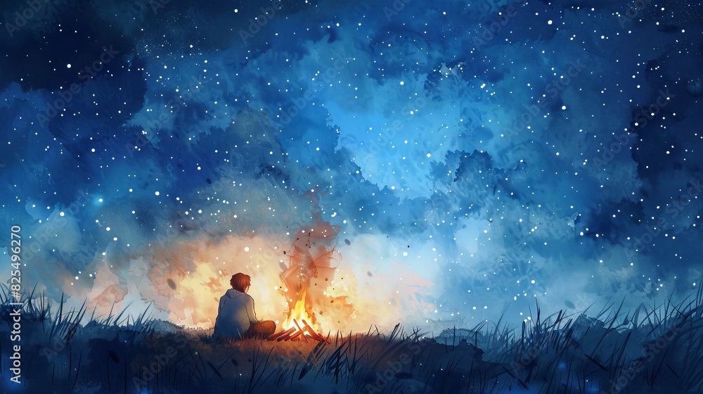 Tranquil watercolor illustration of a nomad sitting beside a campfire