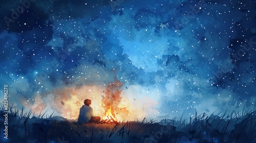 Tranquil watercolor illustration of a nomad sitting beside a campfire photo