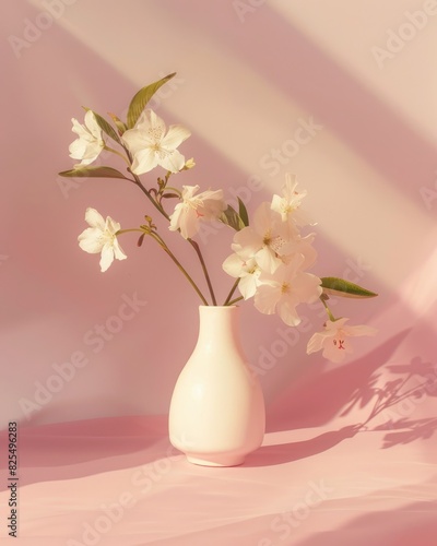 Flower Minimal. White Flower in Vase on Pastel Pink Background with Sunlight and Hard Shadow