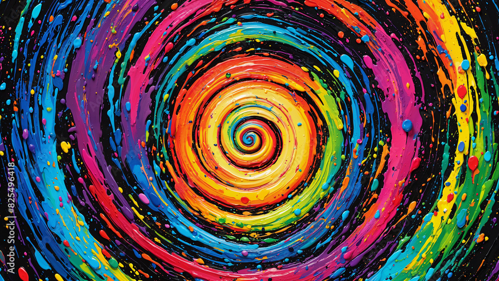 Colorful liquid thick acrylic paint with bold strokes swirling in fantasy spiral on canvas. Vibrant colors mix in chaotic spiral symphony made from oil dripping liquid paint splashes and brushstrokes Colorful liquid thick acrylic paint with bold strokes swirling in fantasy spiral on canvas. Vibrant colors mix in chaotic spiral symphony made from oil dripping liquid paint splashes and brushstrokes