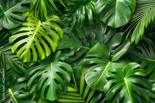 Lush  vibrant background of tropical leaves with monstera and palm fronds  perfect for nature-themed designs  wallpapers  or adding an exotic touch to various creative projects