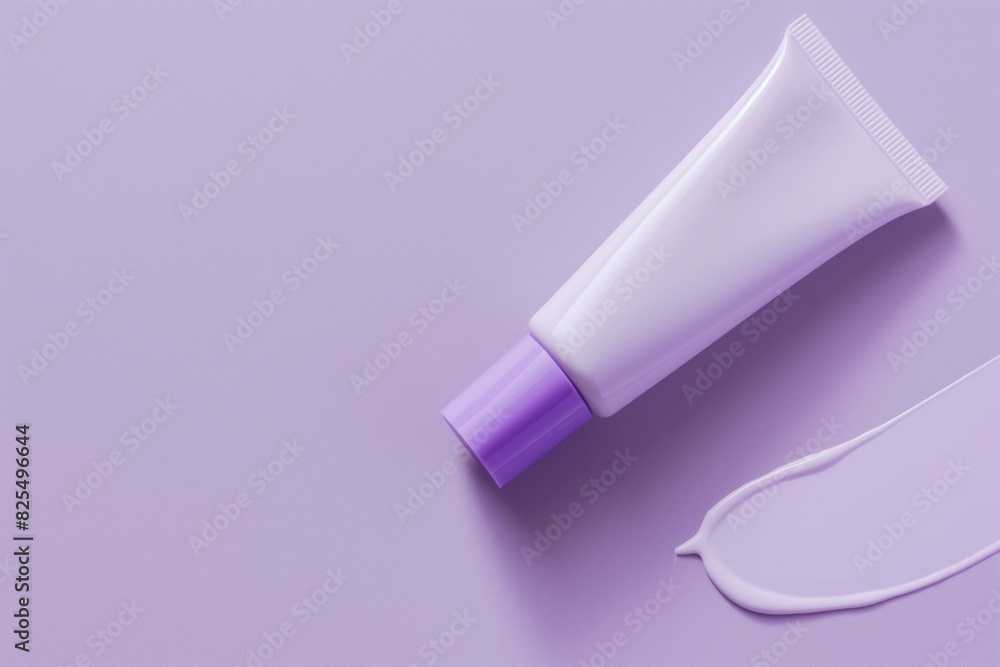 Elegant white cosmetic tube with a purple cap lies next to a smear of cream on a monochromatic purple background, illustrating skincare, beauty, or pharmaceutical products with a minimalist design Elegant white cosmetic tube with a purple cap lies next to a smear of cream on a monochromatic purple background, illustrating skincare, beauty, or pharmaceutical products with a minimalist design