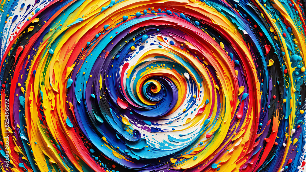 Colorful liquid thick acrylic paint with bold strokes swirling in fantasy spiral on canvas. Vibrant colors mix in chaotic spiral symphony made from oil dripping liquid paint splashes and brushstrokes Colorful liquid thick acrylic paint with bold strokes swirling in fantasy spiral on canvas. Vibrant colors mix in chaotic spiral symphony made from oil dripping liquid paint splashes and brushstrokes