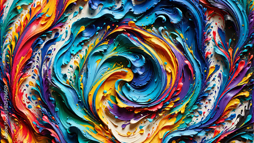 Colorful liquid thick acrylic paint with bold strokes swirling in fantasy spiral on canvas. Vibrant colors mix in chaotic spiral symphony made from oil dripping liquid paint splashes and brushstrokes