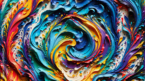 Wallpaper Mural Colorful liquid thick acrylic paint with bold strokes swirling in fantasy spiral on canvas. Vibrant colors mix in chaotic spiral symphony made from oil dripping liquid paint splashes and brushstrokes Torontodigital.ca