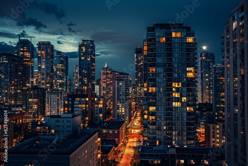 Highangle view of a bustling cityscape at twilight with glowing skyscrapers under the moonlit sky