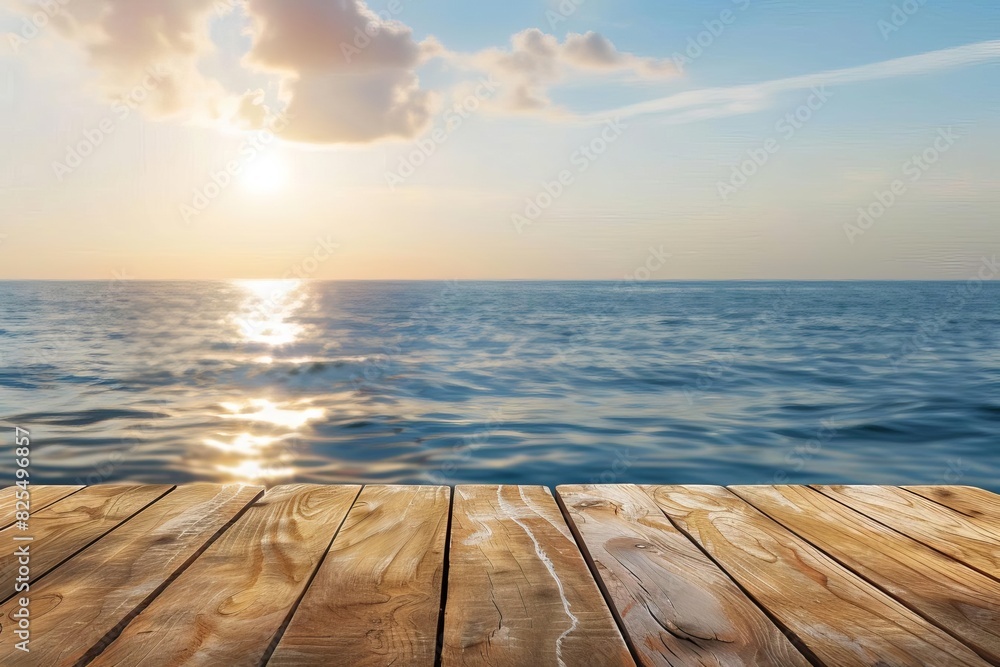 wood table top on blurred sparkling sea water and summer sky product display background