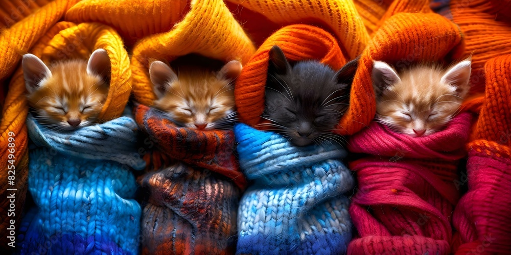 Six colorful critters snuggled in blankets exuding comfort and care. Concept Critters, Blankets, Comfort, Care, Snuggles