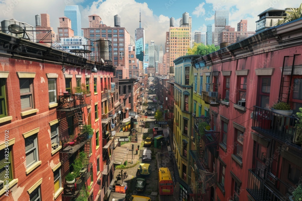 Obraz premium Vibrant cityscape featuring a busy street with buildings and an elevated train track